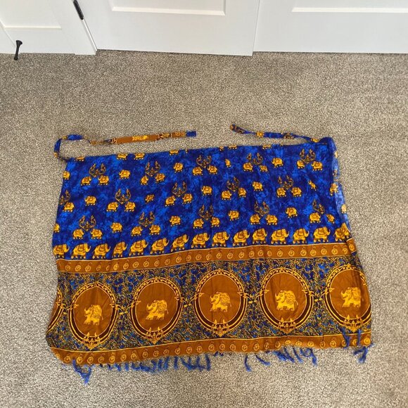 Elephant Print Made in Thailand Blue & Gold Wrap Skirt Midi Skirt Size O/S Large - Picture 9 of 13